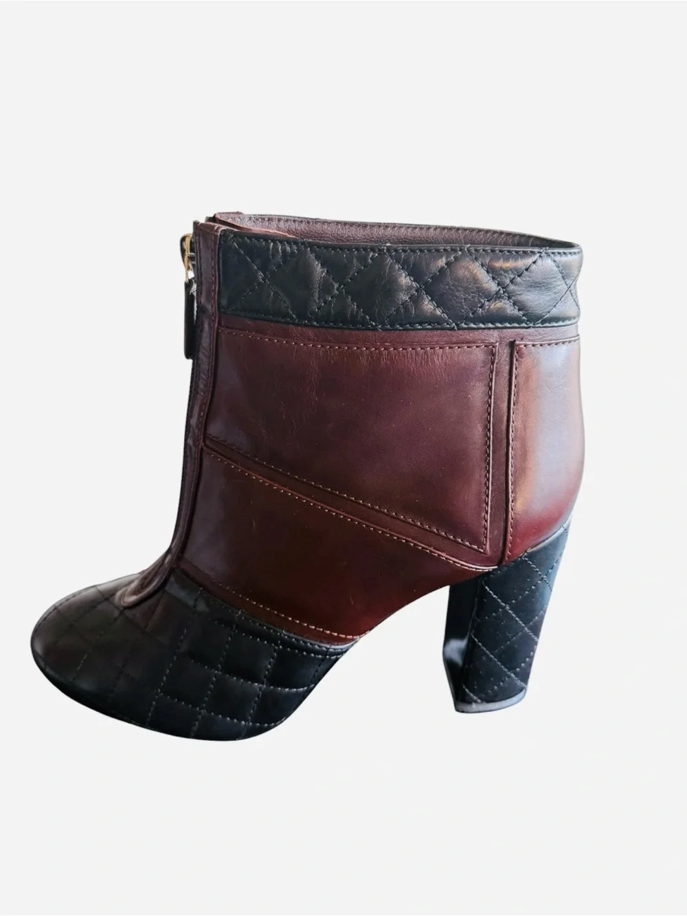 Chanel Quilted Two-Tone Leather Ankle Boots Burgundy & Black Sz EU 39.5/US 9.5